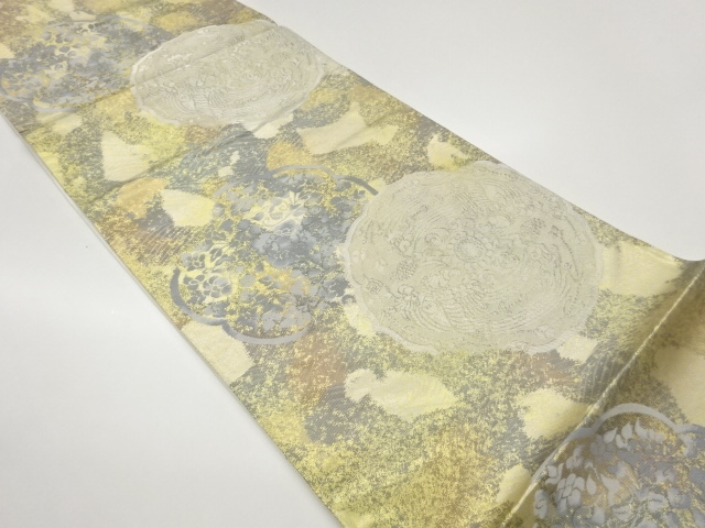 引箔鏡裏に花葉・抽象模様織出し袋帯